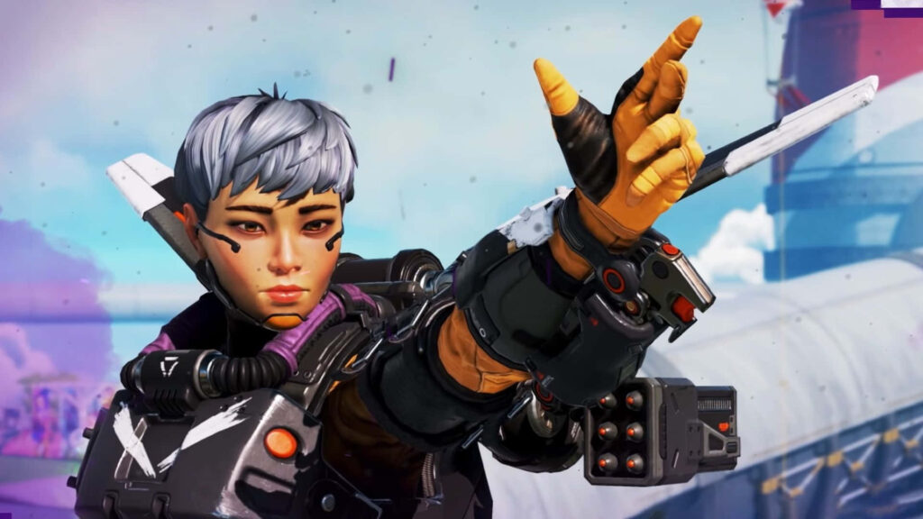 Valkyrie from Apex Legends in dynamic pose with futuristic armor and vibrant action background wallpaper