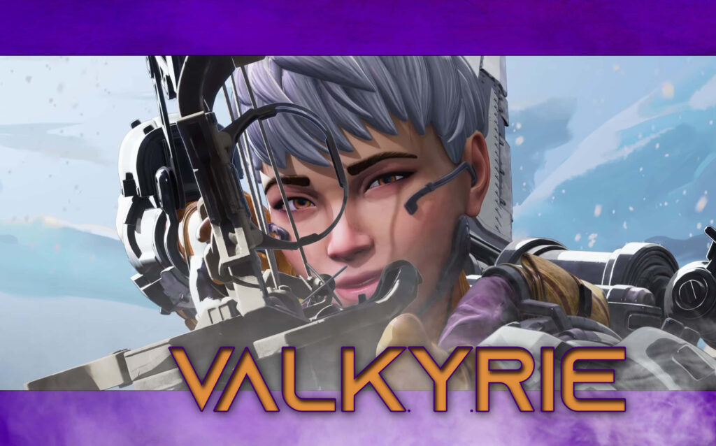 Valkyrie from Apex Legends aiming weapon with sharp focus dynamic background wallpaper poster