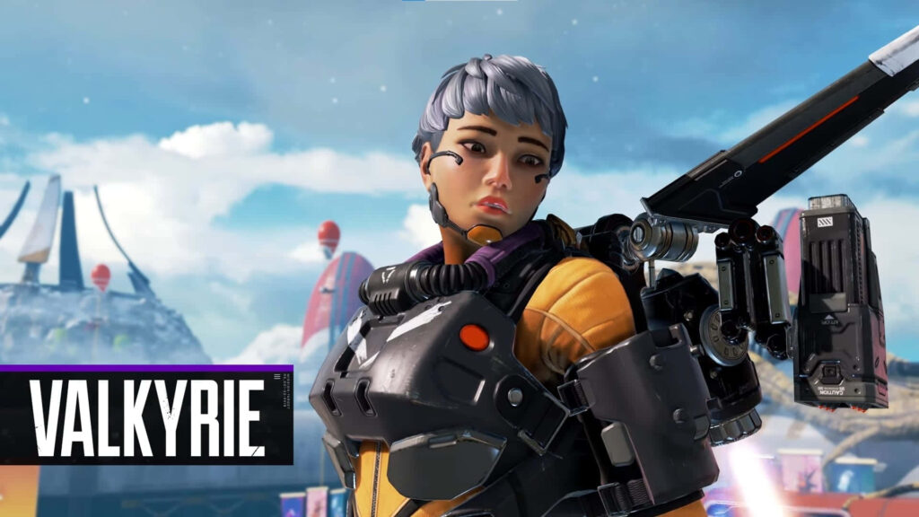 Valkyrie Apex Legends vibrant poster with high-tech jetpack futuristic armor dynamic arena background Wallpaper
