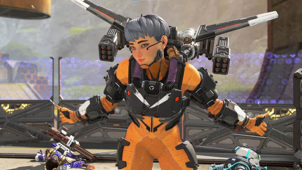 Valkyrie Apex Legends in orange suit with jetpack ready for battle wallpaper background