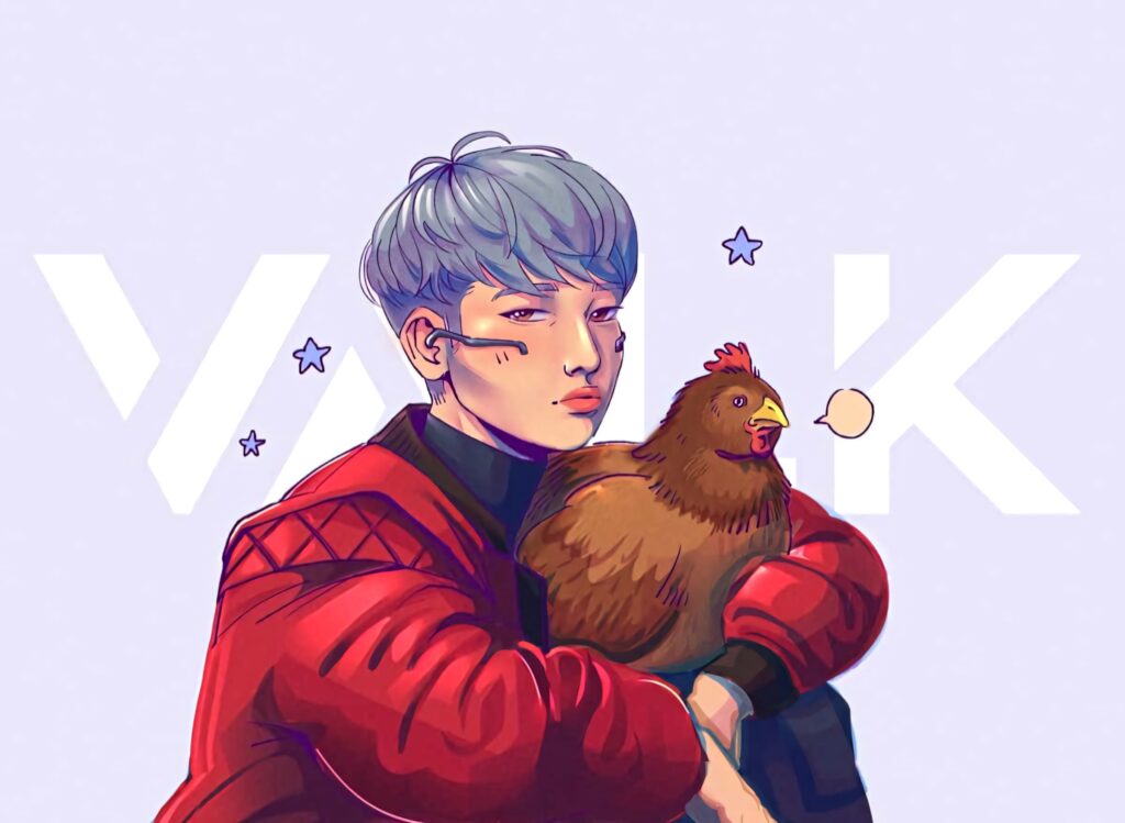 Apex Legends Valkyrie in red jacket holding chicken pastel background stylized art wallpaper
