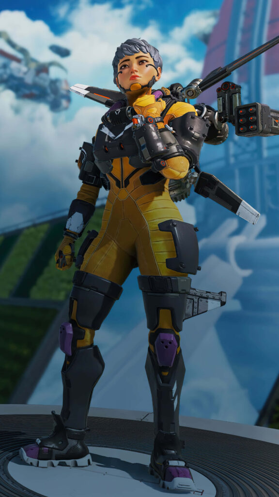 Valkyrie Apex Legends in yellow suit with jetpack against dynamic futuristic wallpaper background