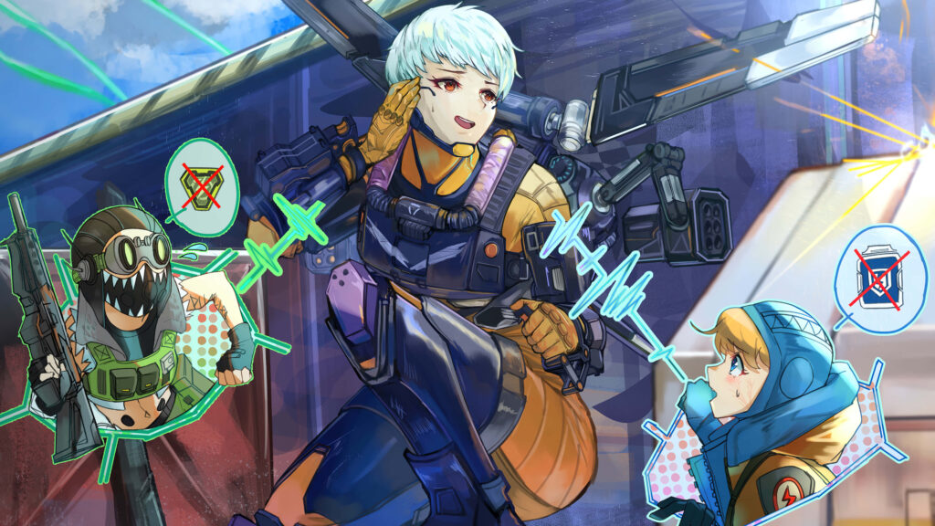 Valkyrie with jetpack and playful mini Octane and Wattson in vibrant Apex Legends wallpaper