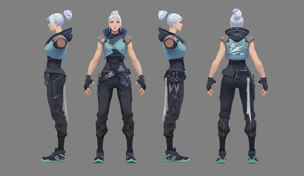 Jett Valorant 3D character turnaround showing white hair blue vest black cargo gear front side back Wallpaper