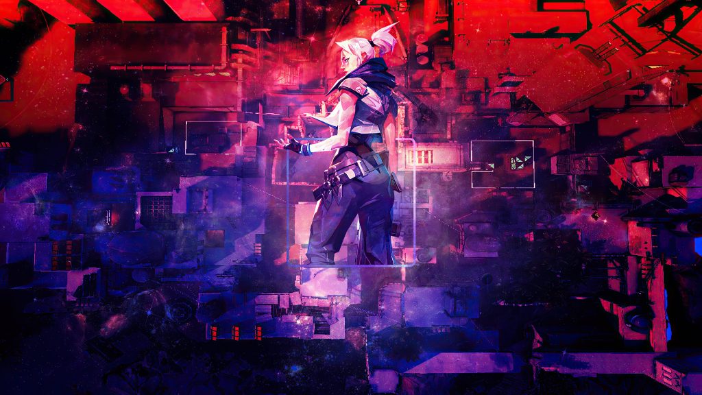 Abstract Valorant wallpaper of Jett with neon red and electric blue futuristic background
