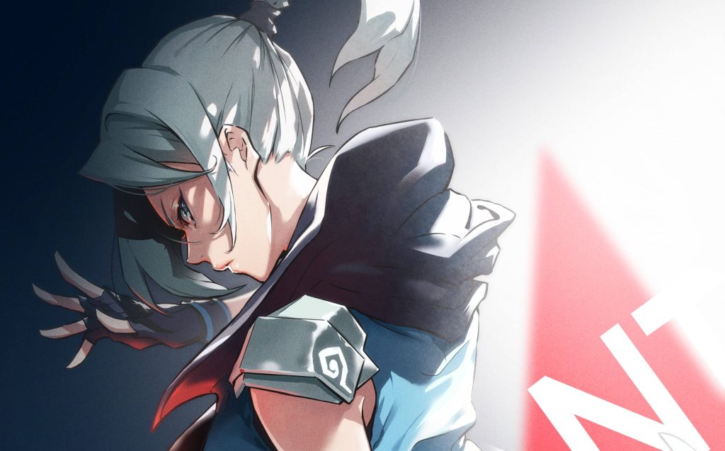Anime-style digital wallpaper of Valorant agent Jett with silver hair in a fierce focused pose