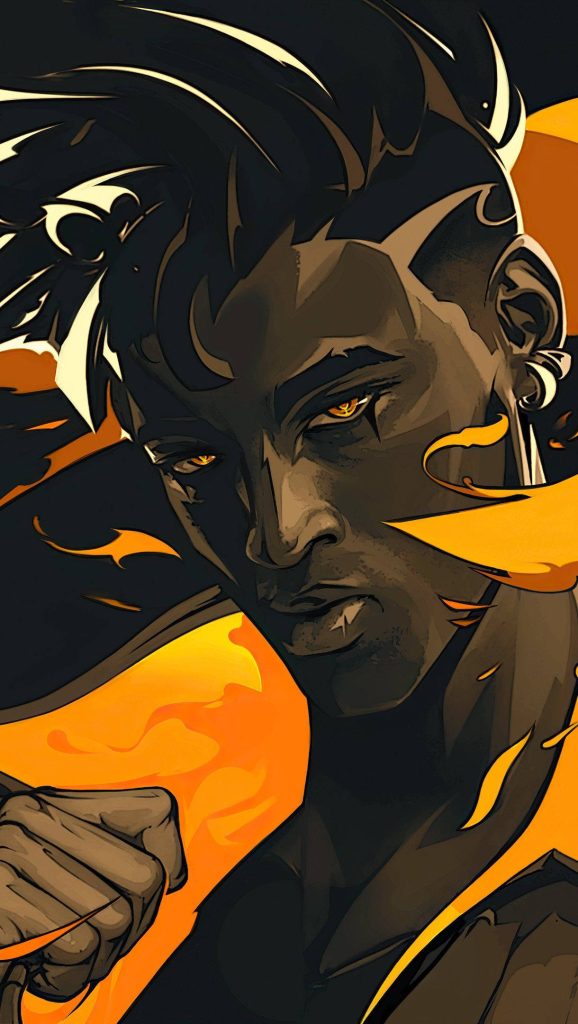 Valorant Phoenix digital art wallpaper with golden eyes and fiery flame motifs for phone backgrounds