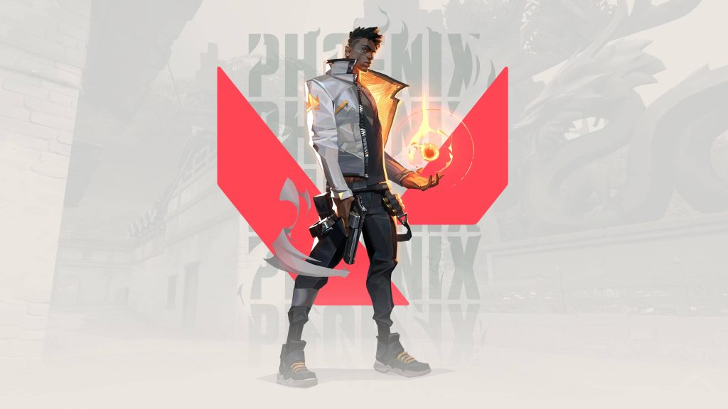 Valorant wallpaper featuring Phoenix with glowing fireball and red Valorant logo background