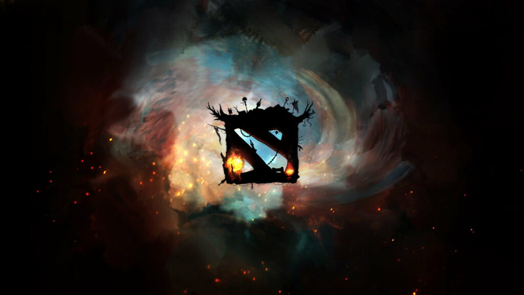 Epic Dota 2 wallpaper with Valve logo in cosmic storm dark moody embers and blue lights background