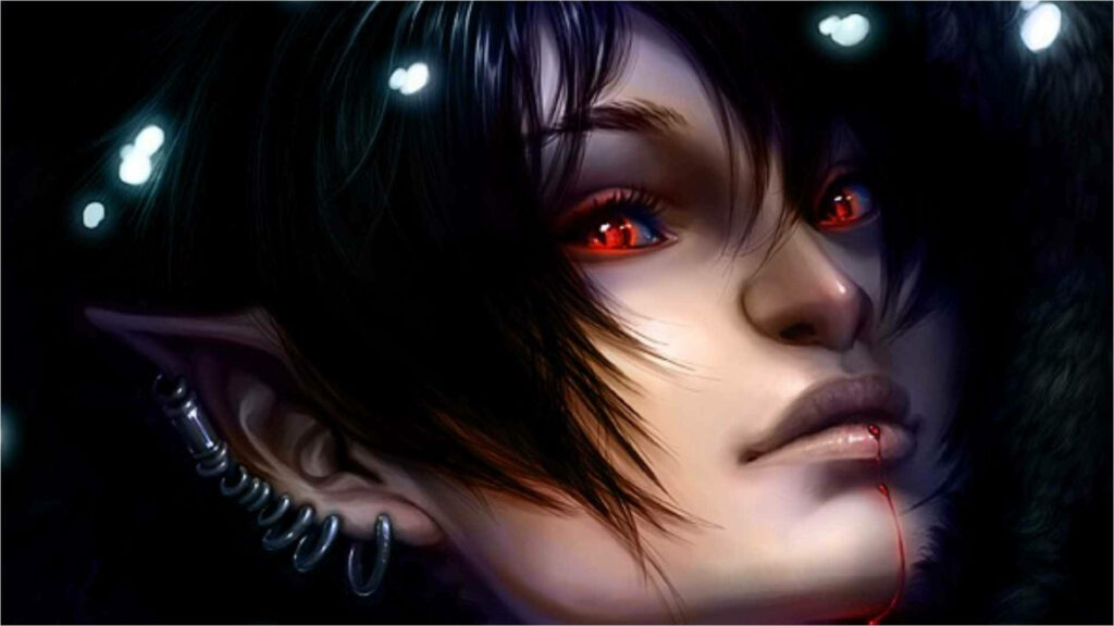 Vampire elf with red eyes sharp features blood on lips dark mysterious wallpaper background