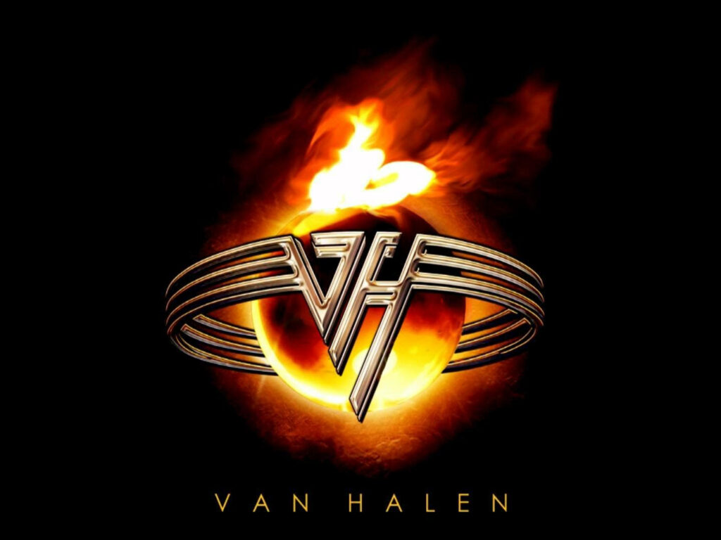 Van Halen logo in metallic silver with fiery backlight on black background rock wallpaper