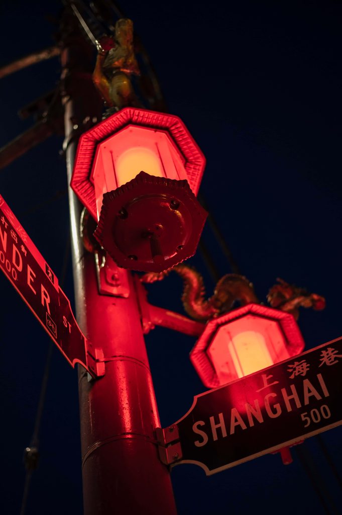 Dragon street lamp neon red glow Vancouver Chinatown night Pender Shanghai signs wallpaper background