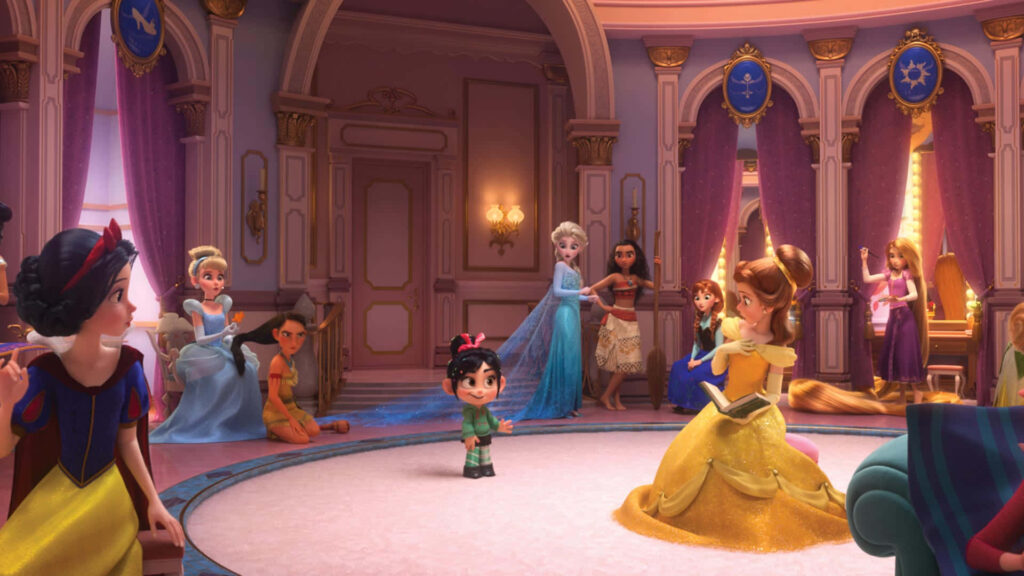 Vanellope Von Schweetz Surrounded by Disney Princesses in Ralph Breaks The Internet - Behind the Scenes Image Wallpaper
