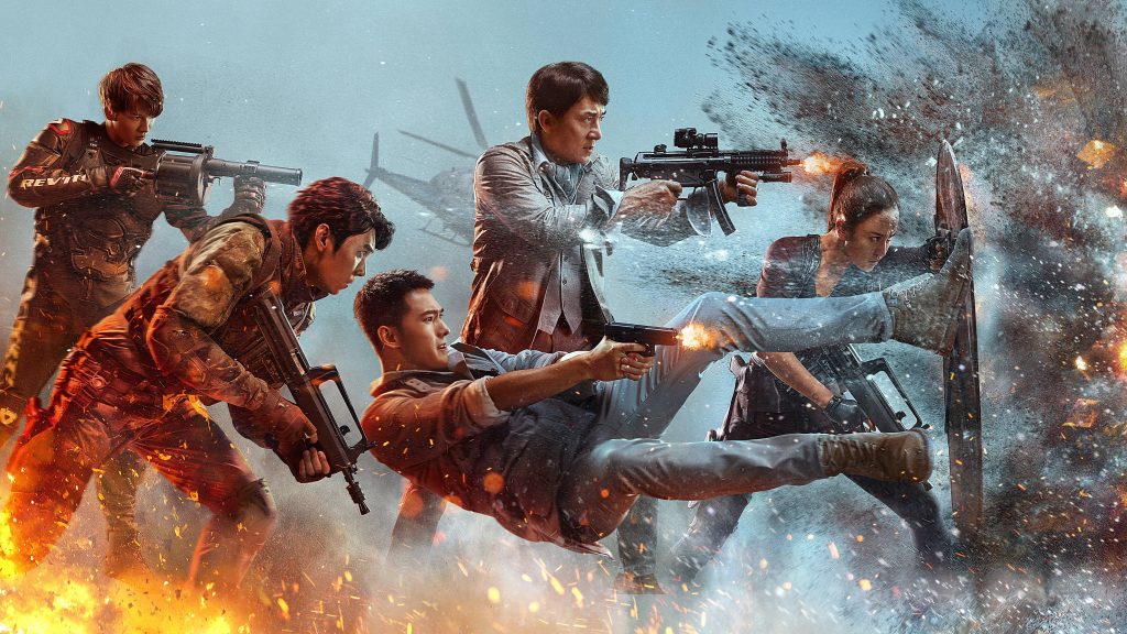 Jackie Chan leads intense Vanguard firefight with explosions dust and tactical combat wallpaper