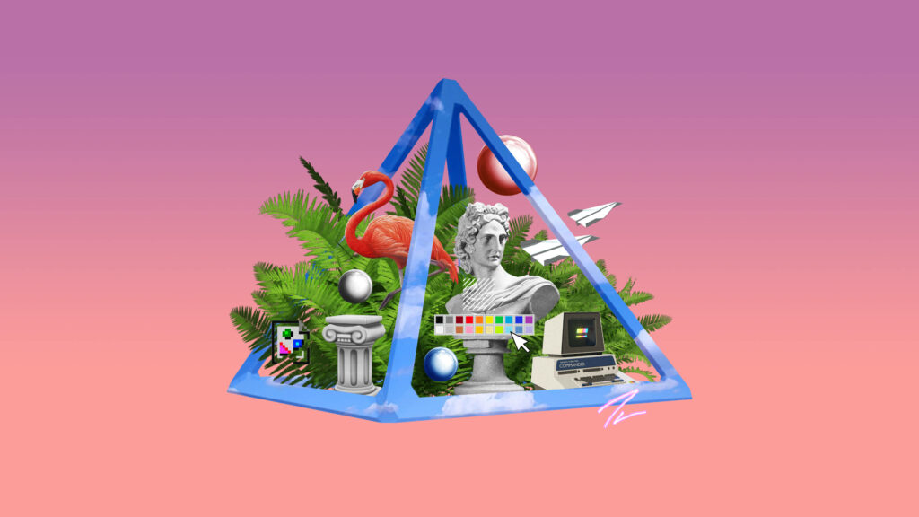 Retrowave Oasis: A Fusion of Blue Pyramids, Flamingos, Apollo's Legacy, and Lush Ferns Wallpaper