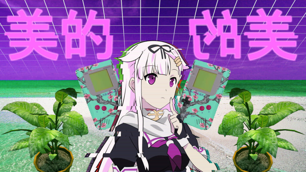 Goddess of Nature: Captivating Vaporwave Anime Character Surrounded by Greenery Wallpaper