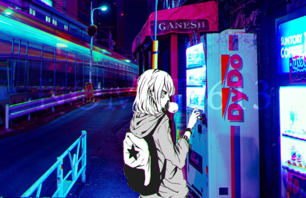 Neon Dreams: A Monochrome Vibe - Anime Enthusiast Running an Unconventional Side Street Vending Machine Wallpaper