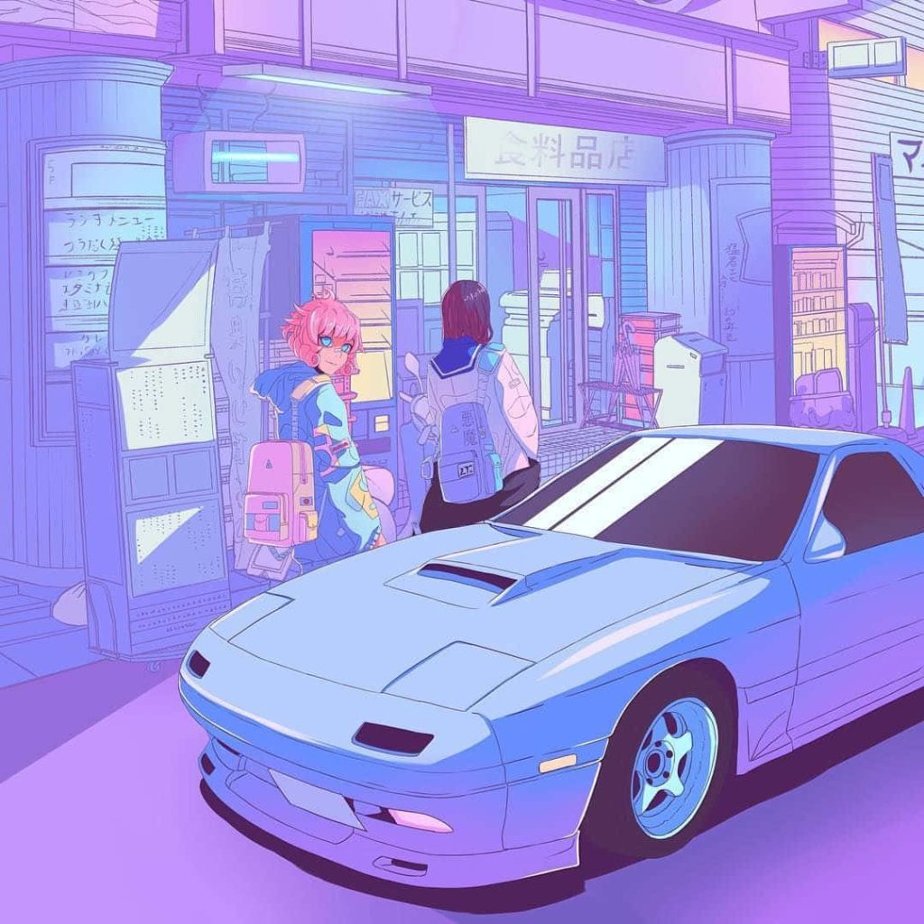 Anime wallpaper of Mazda RX-7 FC and two characters in neon purple blue vaporwave Japanese street