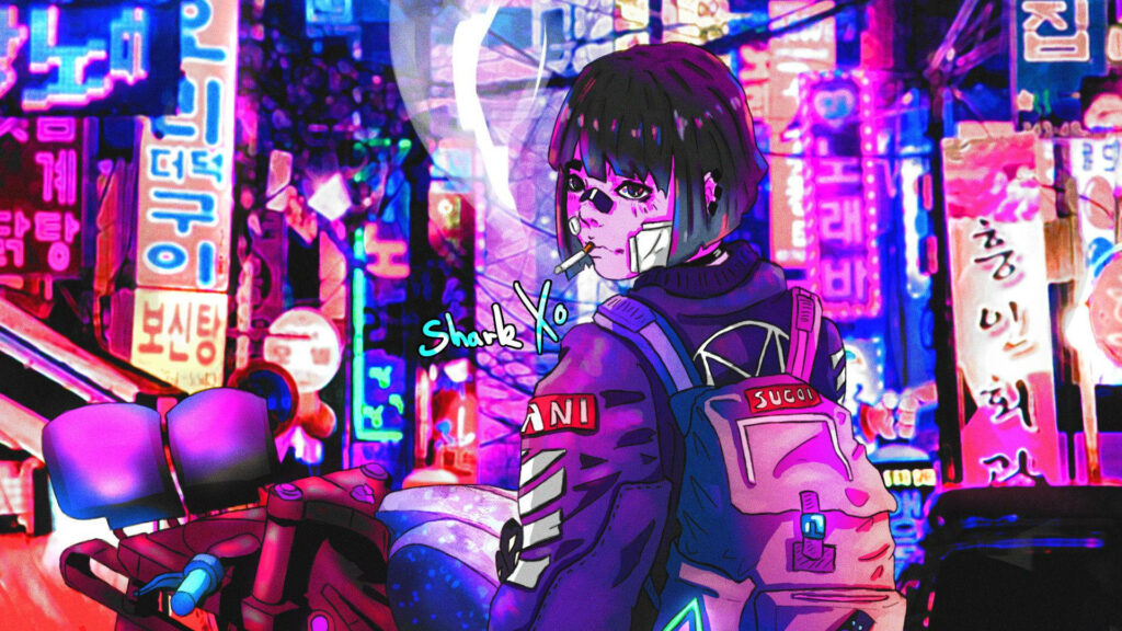 Vaporwave Vibes: Cruising Tokyo's Neon-lit Streets with a Purple Aesthetic Anime Girl Riding a Motorcycle Wallpaper