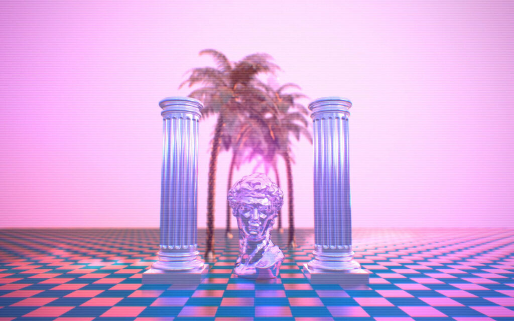 Vibrant Vaporwave: The Serene Ambiance of David's Bust amidst Pink Skies and Retro Tiled Floors Wallpaper