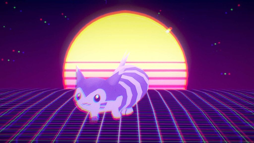 Vaporwave Furret 3D digital art on retro neon grid with glowing sun and synthwave glitch effects Wallpaper