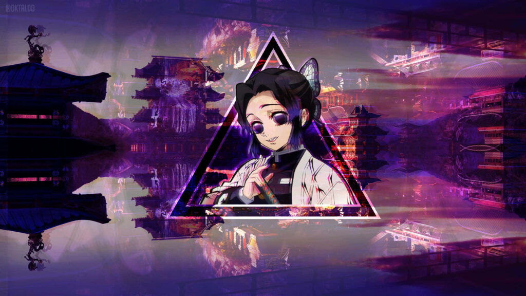 Vaporwave Visions: Kanao Tsuyuri, the Heroine of Demon Slayer, Glimpses from a Neon Triangle Amidst a Blurry Backdrop Wallpaper