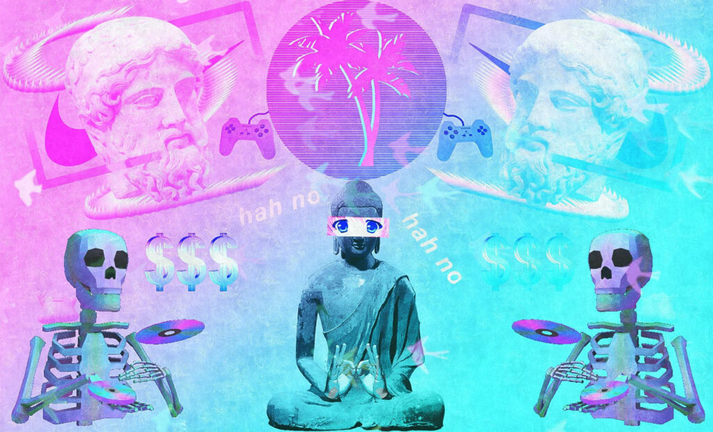Digital Serenity: Embracing the Past and Future - A Surreal Vaporwave Composition Wallpaper