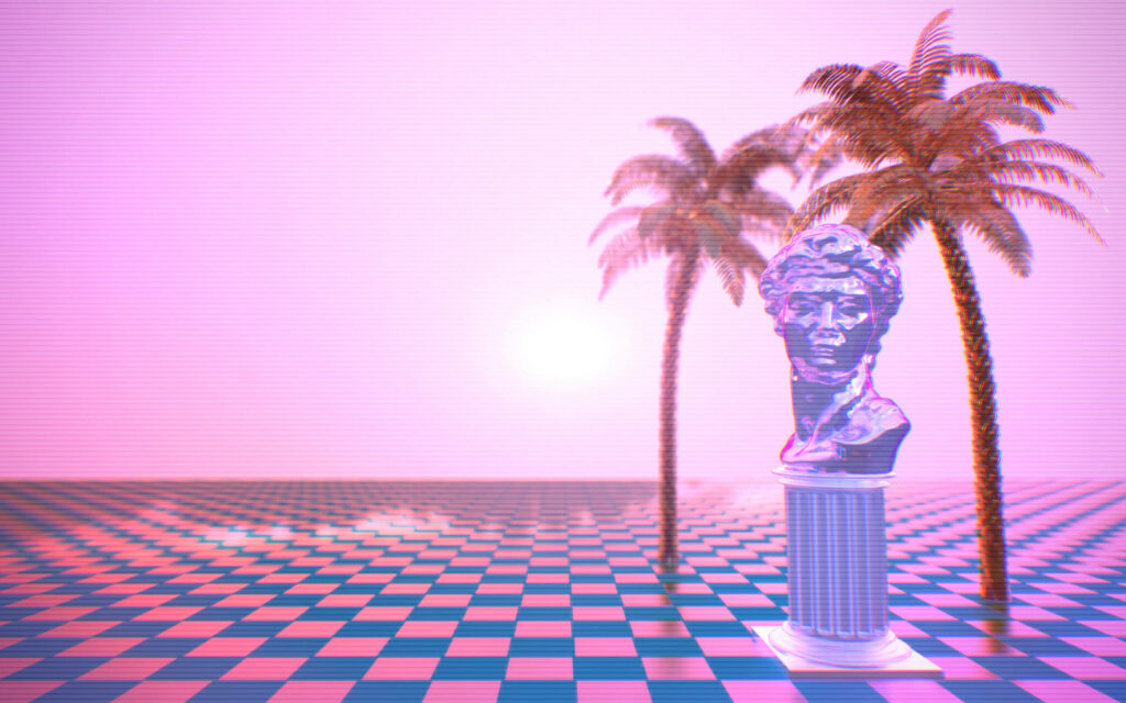 Palm Tree Paradise: A Vaporwave Tribute with Greek Bust and Tiled Floor Wallpaper