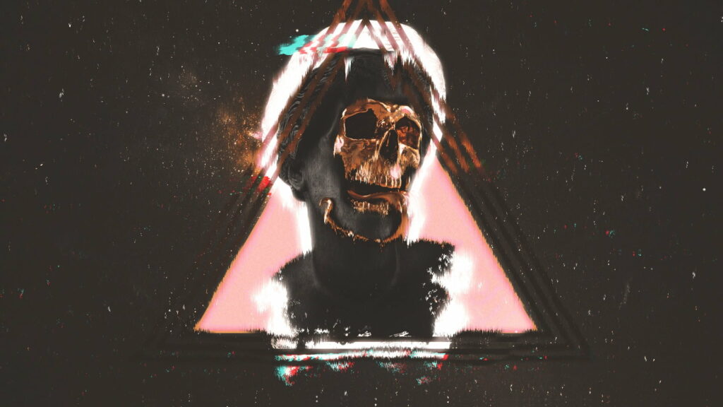 The Cosmic Skull Statue: A Vaporwave Night Vision in Digital Art HD Wallpaper