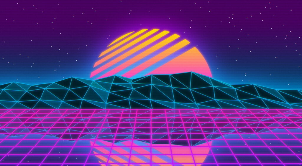 Sunset Serenade: A Vaporwave-inspired Music Wallpaper with Blue, Purple, and Yellow Hues