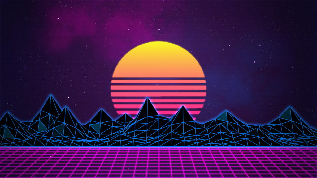 Nightfall Mountainscape: A Vaporwave Journey Through Space and Nature - 4K Wallpaper of Travel Destination