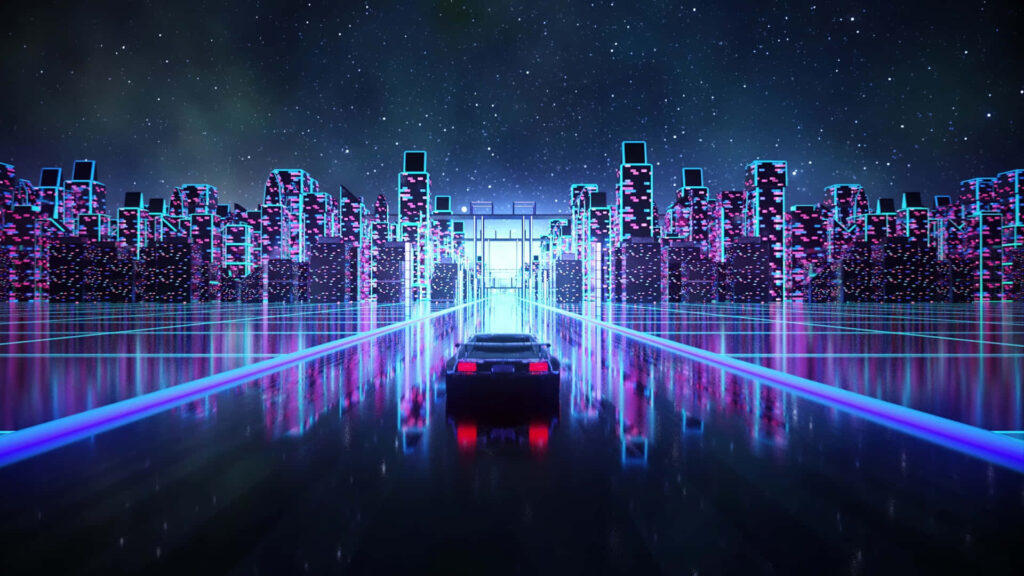 Cybernetic Urban Dreamscape: Neon-lit Vaporwave Cityscape with PC and Retro Car Wallpaper