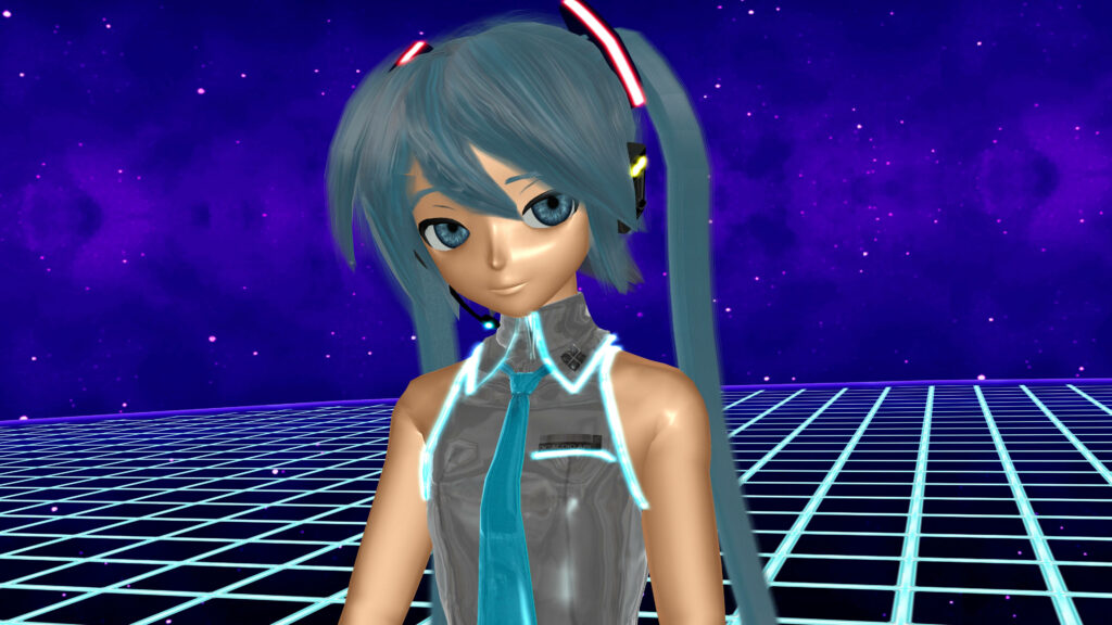 Vaporwave-inspired Rendering of Hatsune Miku Vocaloid Character Rocking Stylish Hats in a Spectacular Futuristic Grid Background Wallpaper