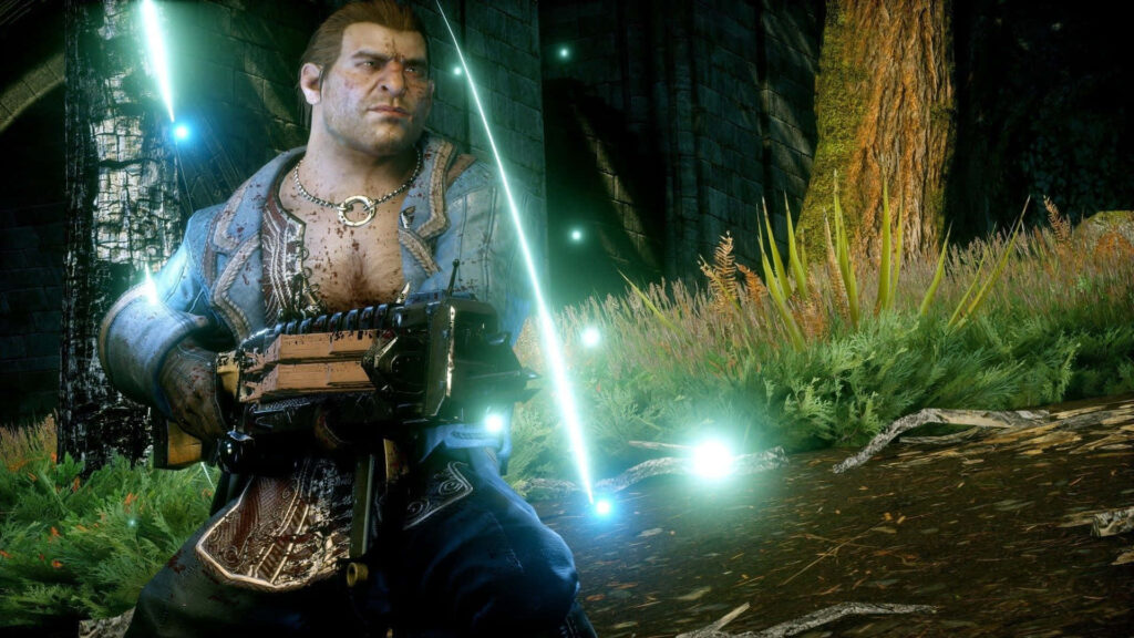 High-Res Dragon Age: Inquisition Wallpaper with Varric Tethras in Enchanted Forest Background