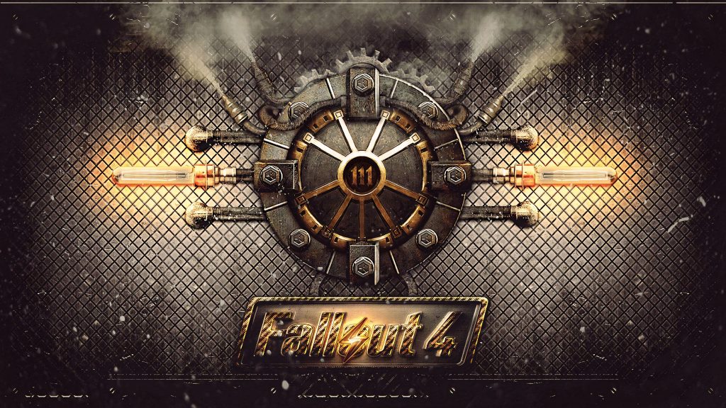 Vault 111 metallic gear door with steam glowing orange lights Fallout 4 post-apocalyptic wallpaper