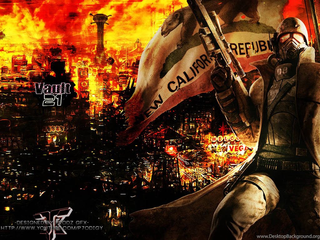 NCR Veteran Ranger with rifle at Vault 21 neon New Vegas Strip Lucky 38 tower wallpaper