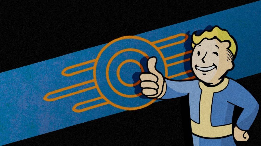 Vault Boy Fallout wallpaper vintage digital art thumbs-up blue yellow suit dark background
