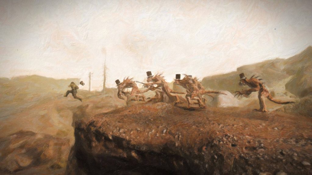 Vault Dweller fleeing four gentlemanly Deathclaws with top hats in a warm post-apocalyptic wasteland Wallpaper