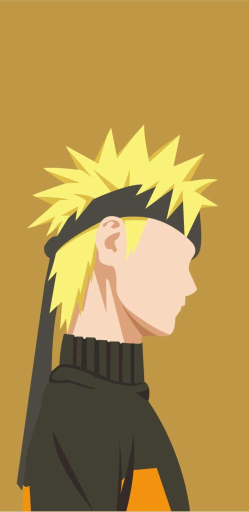 Minimalist vector art of Naruto Uzumaki side profile with spiky blonde hair on mustard background Wallpaper