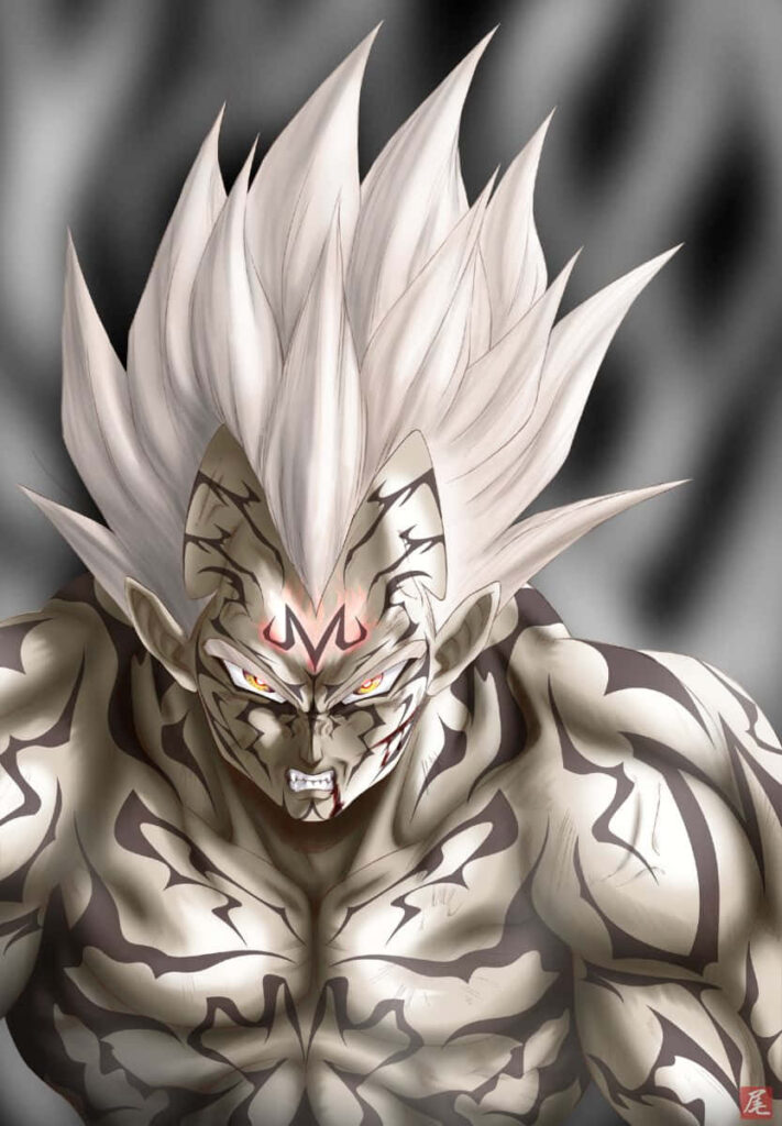 Vegeta grayscale wallpaper with fierce smile dark transformation wild hair red eyes black markings