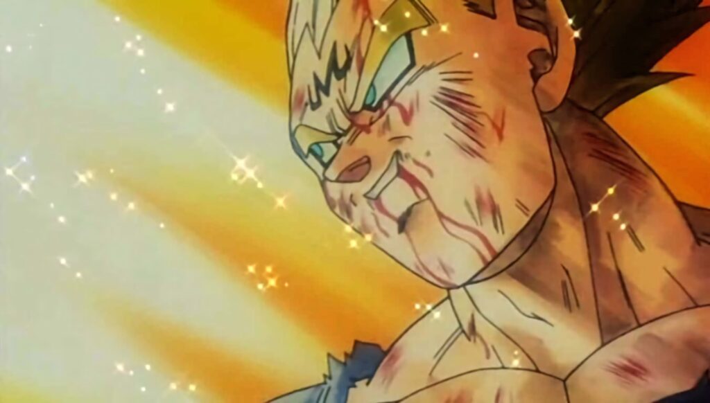 Vegeta from Dragon Ball smiling wounded with battle scars glowing sparkles bold anime style wallpaper