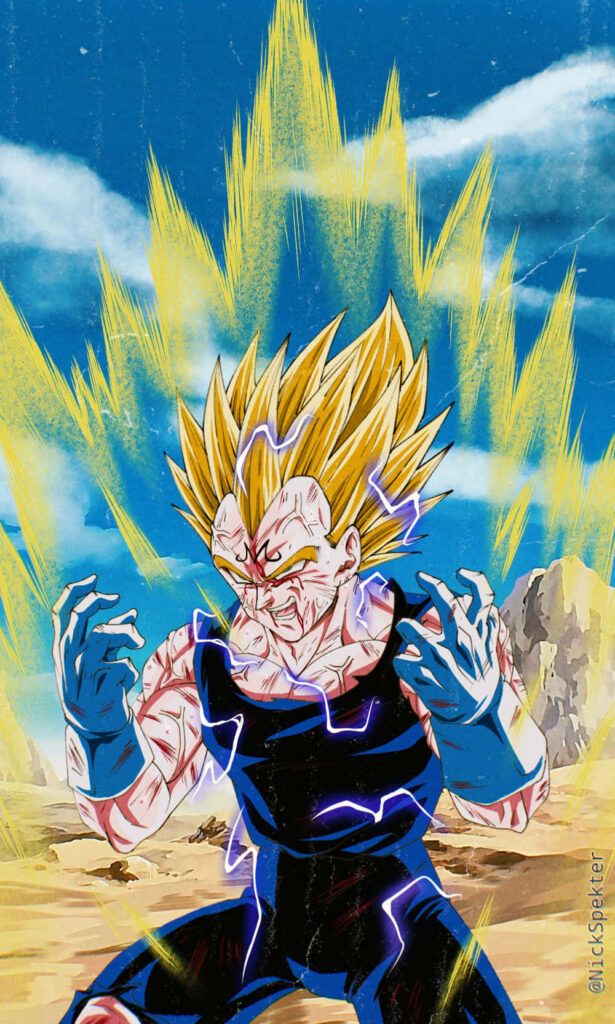 Vegeta powering up with yellow energy and blue lightning against rocky anime background wallpaper