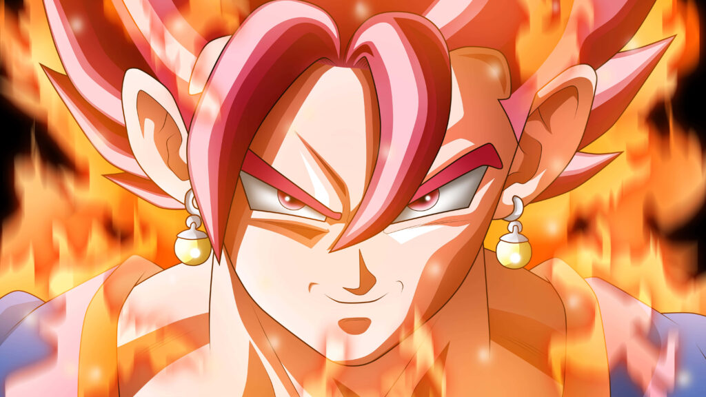Vegito Dragon Ball wallpaper with fiery orange aura intense expression and signature Potara earrings
