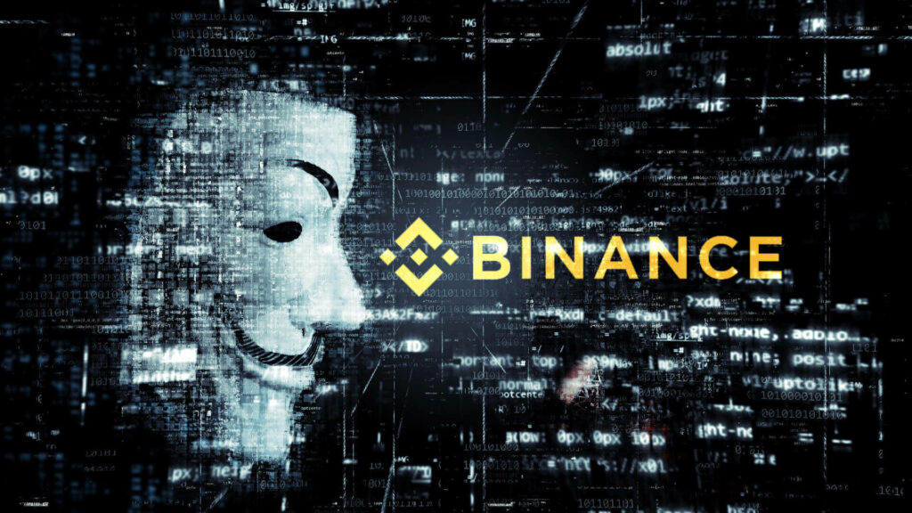 Vendetta mask with futuristic code background and bold Binance logo symbolizing crypto anonymity Wallpaper