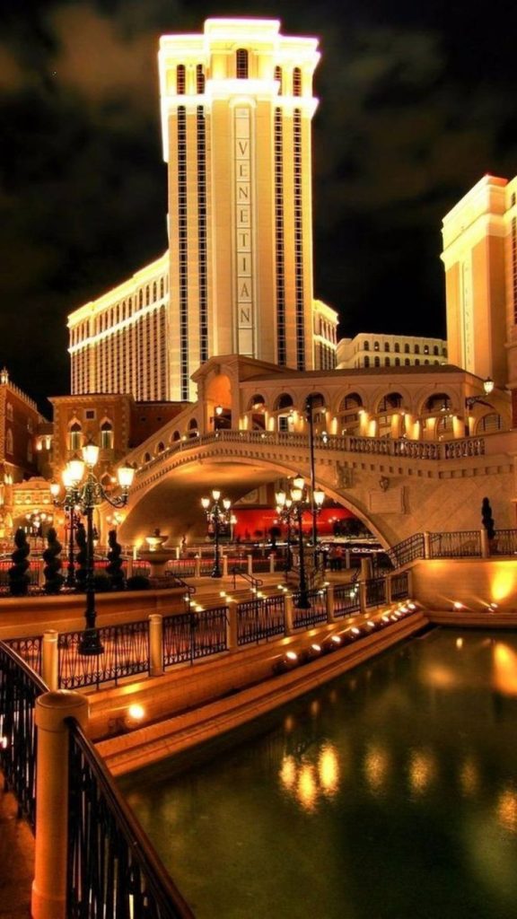 Nocturnal Venetian Resort Las Vegas golden Rialto Bridge reflection iPhone wallpaper background
