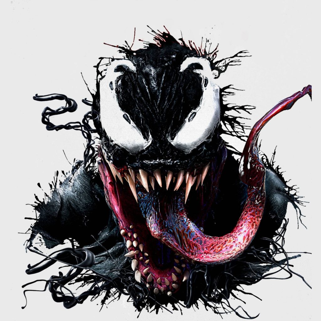 Digital portrait of Venom symbiote with sharp teeth white eyes red tongue ink splatter wallpaper