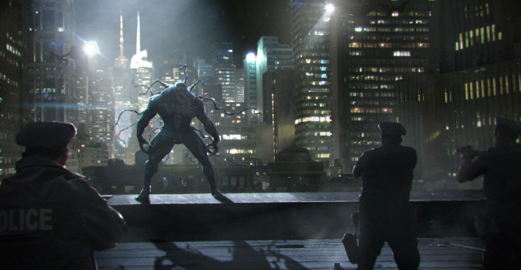 Venom Movie Wallpaper: Dramatic Rooftop Showdown at Night