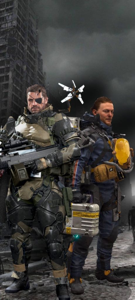 Venom Snake and Sam Porter Bridges in gritty post-apocalyptic cityscape digital wallpaper