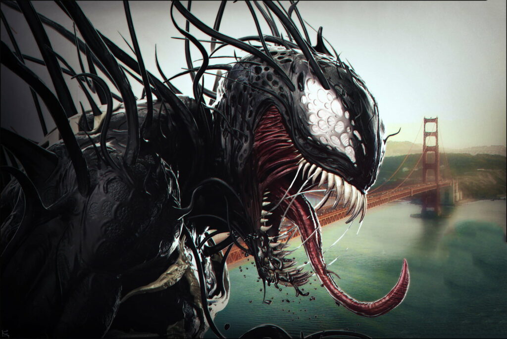 Venom Unleashed: The Fiery Peril of the Supervillain in Urban Chaos Wallpaper