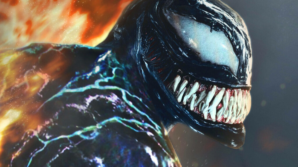 Venom Wallpaper: Dark Aura & Jagged Teeth in Fiery Background